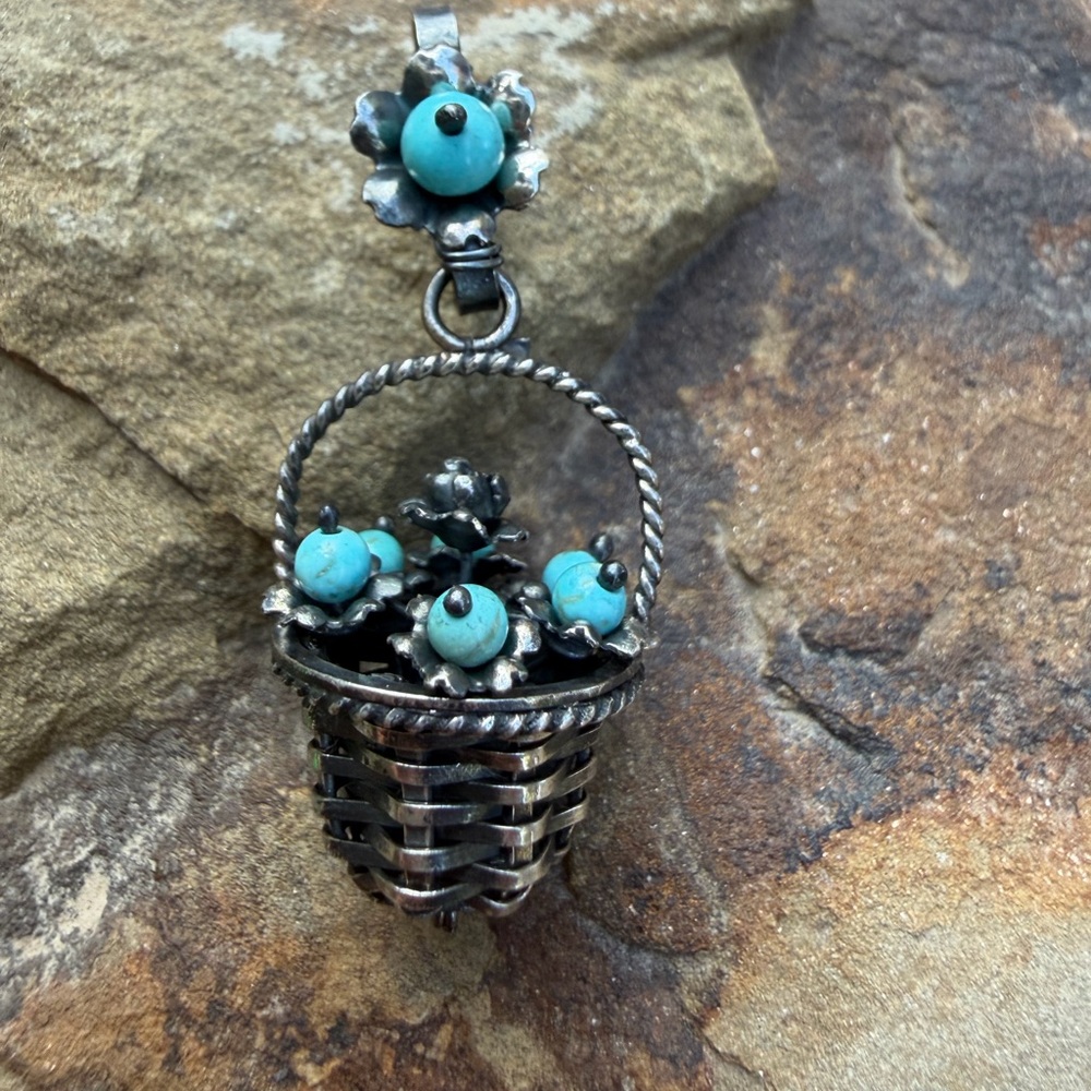 Sterling Silver 925 Turquoise Flower Basket Pendant Necklace